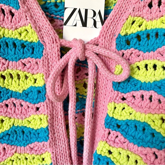 Zara | Sweaters | Zara Crochet Chunky Knit Tie Front Cardigan Pink Blue ...